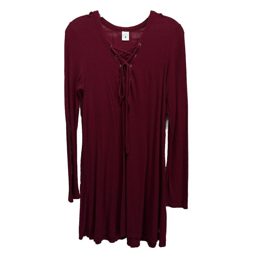 Empyre Burgundy Ribbed Lace Up‎ V Neck Long Sleeve Size Large Midi Dress